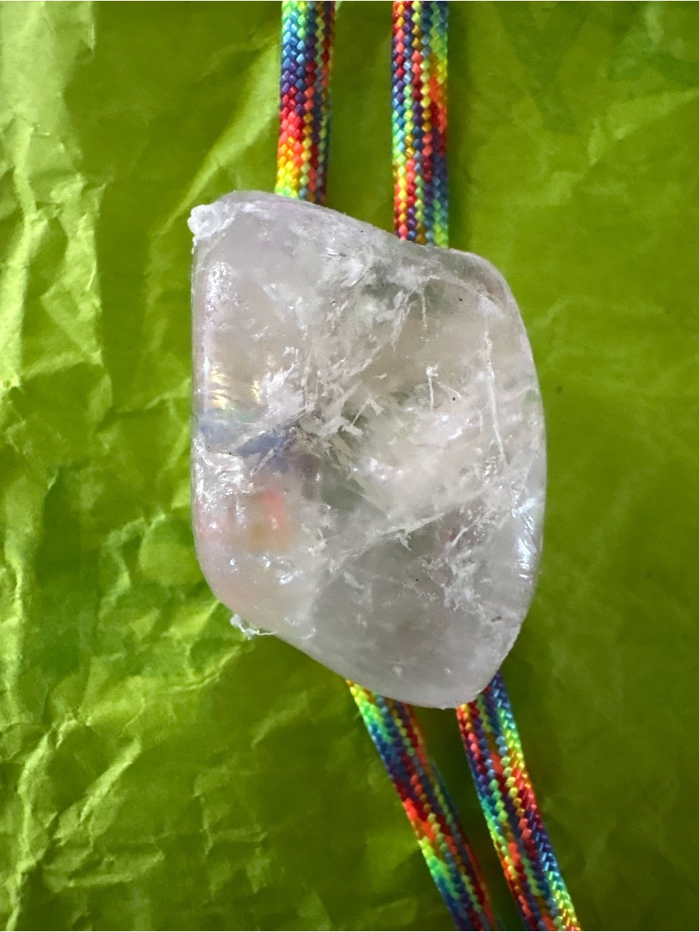 Clear Crystal Pendant Necklace Bolo Tie with Rainbow Cord